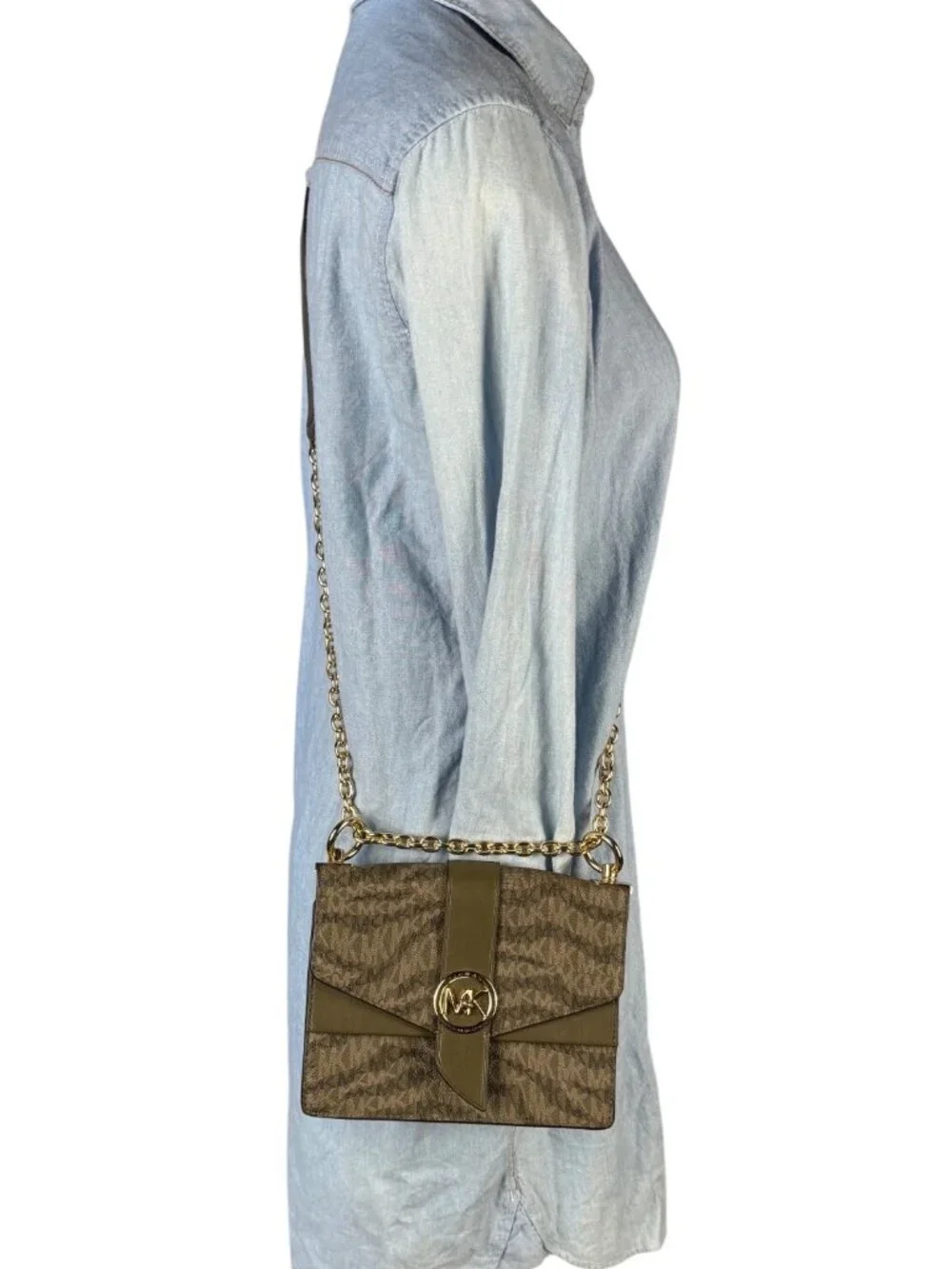 Michael Kors Jet Set Green Signature Crossbody Bag With Gold Chain & Logo Accent